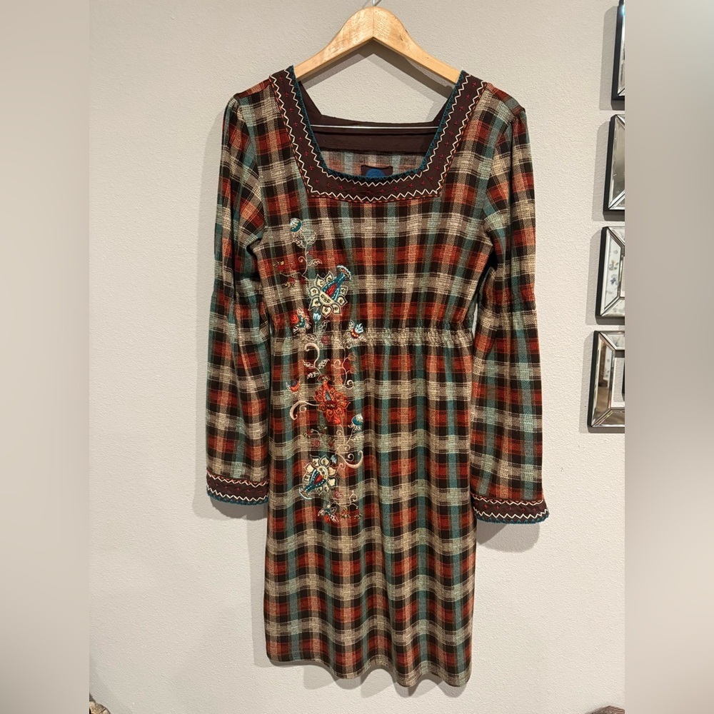 Double D Ranch Plaid‎ Floral Embroidered Dress Size S Long Sleeve Western Boho